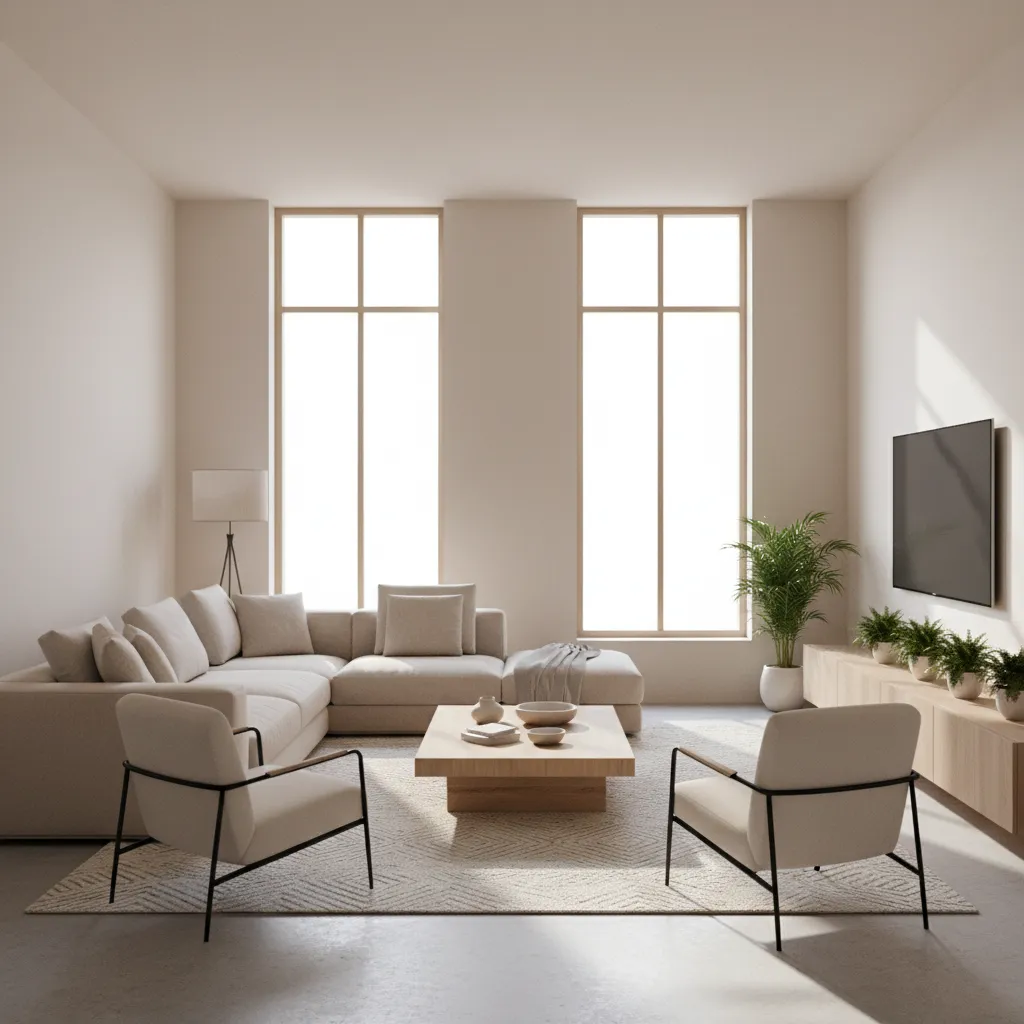 3D rendered living room layout showing furniture placement and lighting