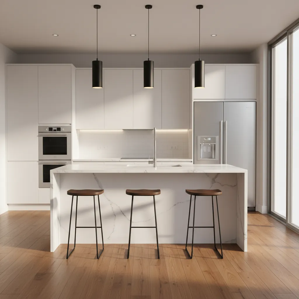 3D kitchen render visualizing island layout and lighting design