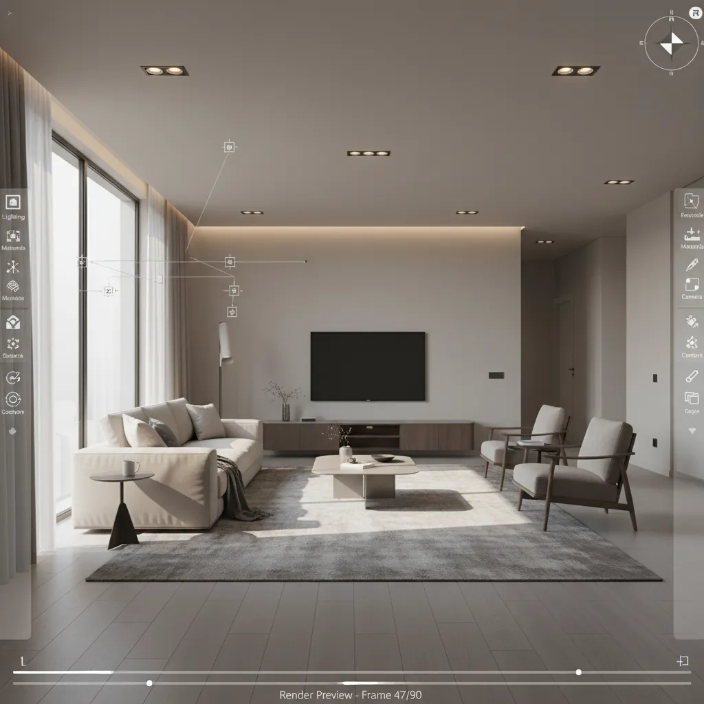 3D interior rendering lighting setup with sun and artificial lights