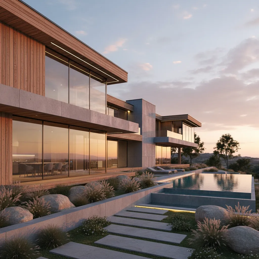 Modern house with wood wall panel large windows swimming pool and stone garden path sunset