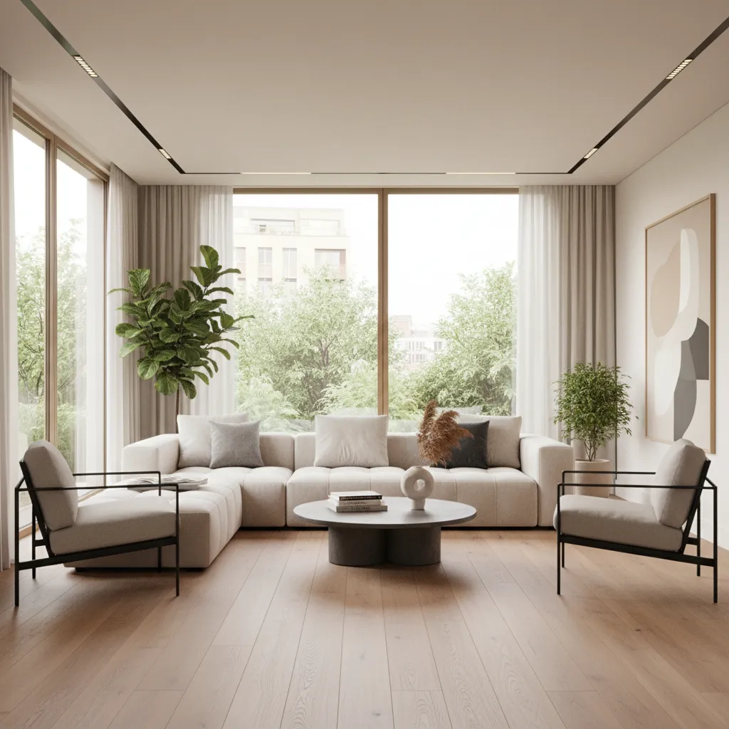 Render realista de un salón moderno generado con software de diseño