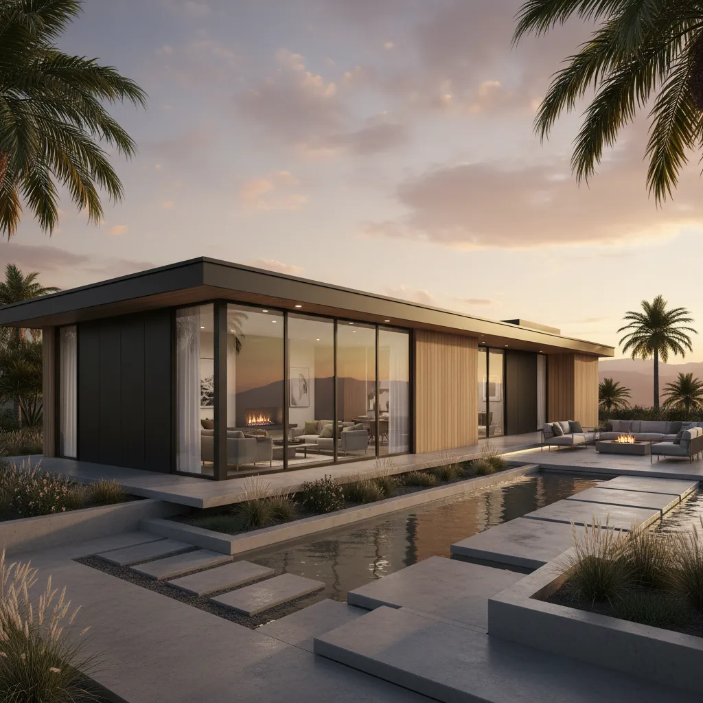 Modern dark house with wood walls, large glass windows, outdoor pool, stone path, and sunset
