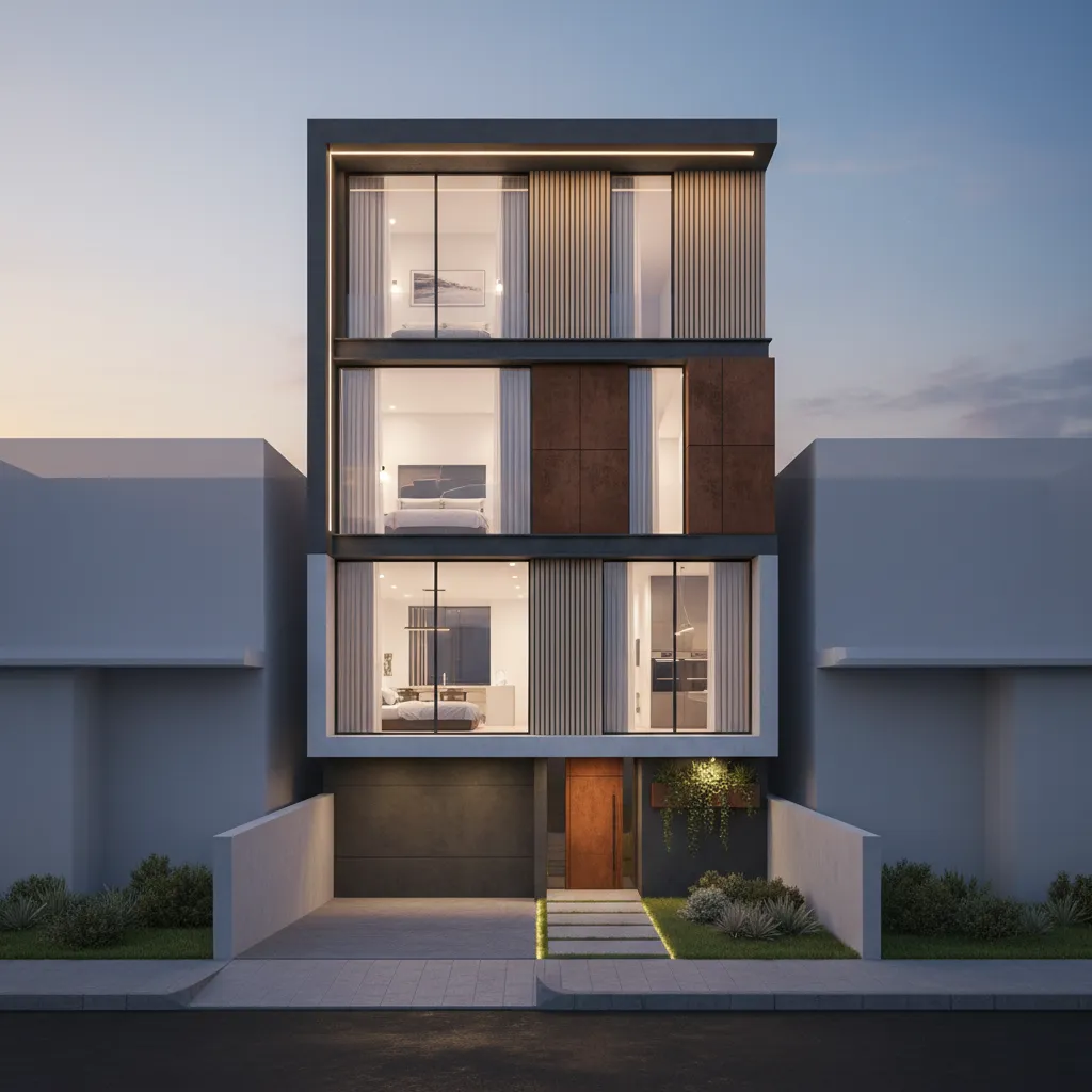 Render 3D de diseño moderno de casa en lote de 5 metros de ancho