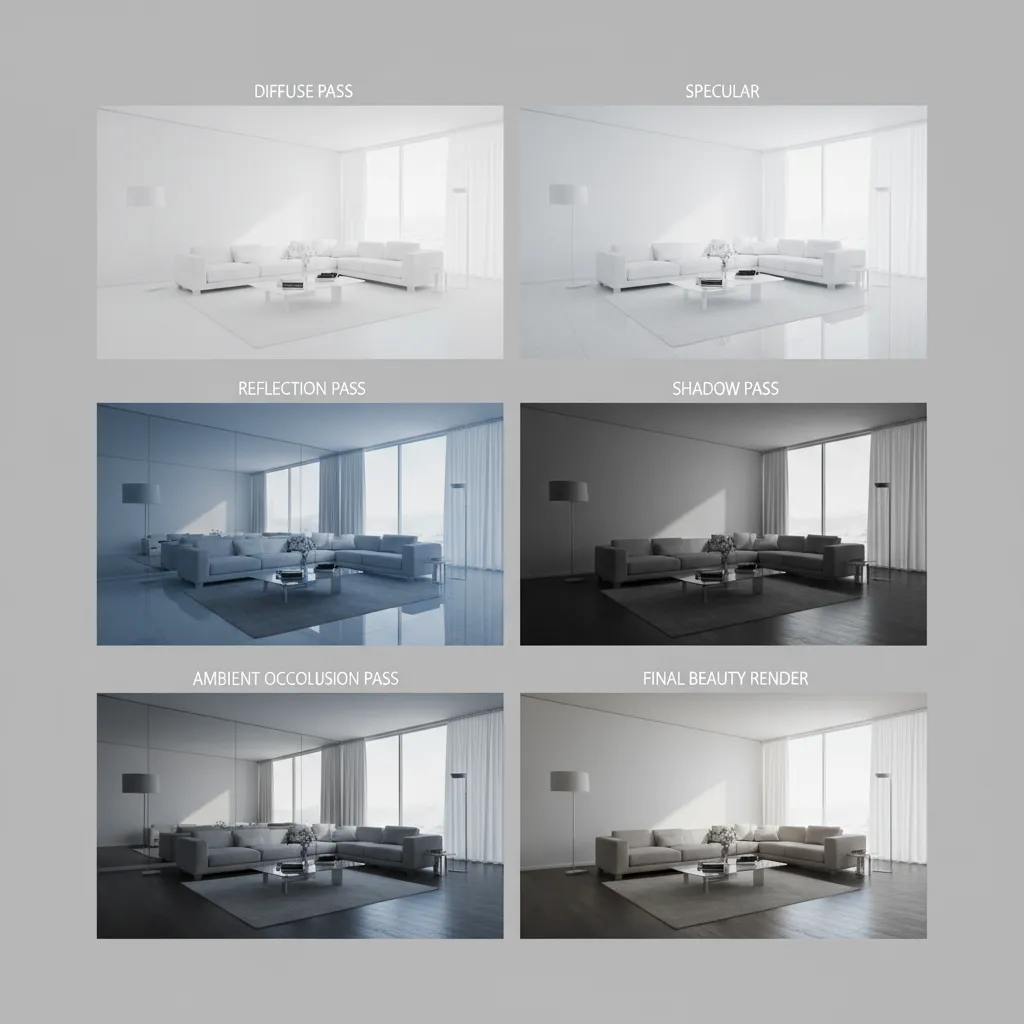 Grid showing diffuse specular reflection shadow and ambient occlusion render passes