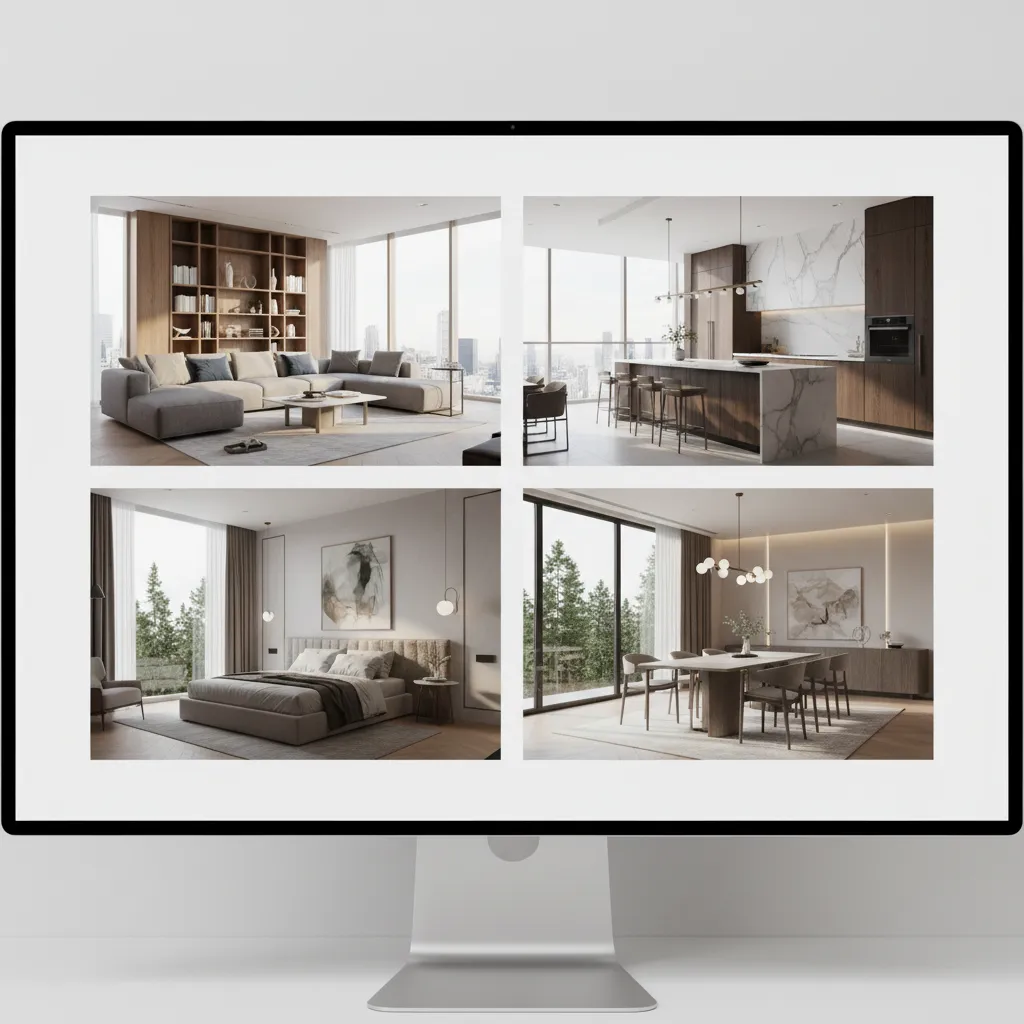 portfolio grid showing multiple interior 3D render scenes