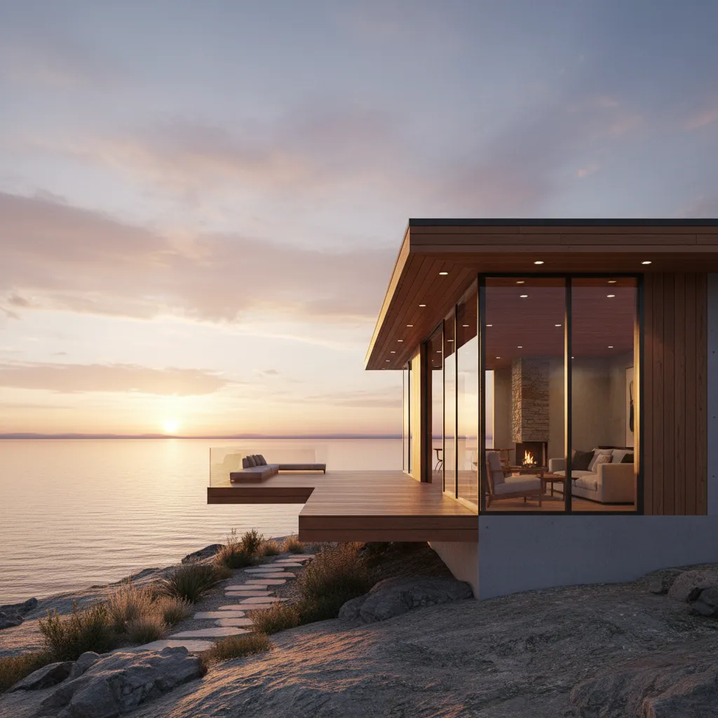 Modern house with glass walls and wood deck overlooking the ocean at a beautiful sunset