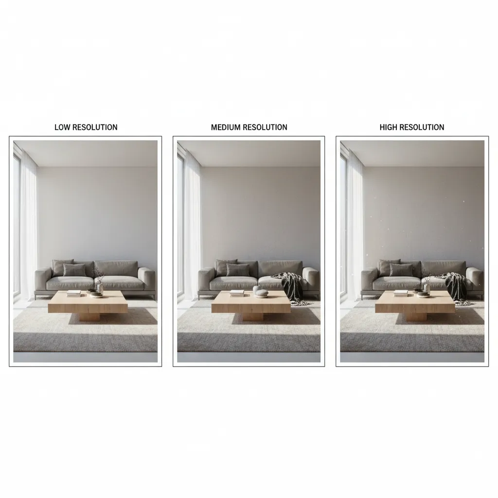 comparison of low medium and high resolution interior 3D renders on screen