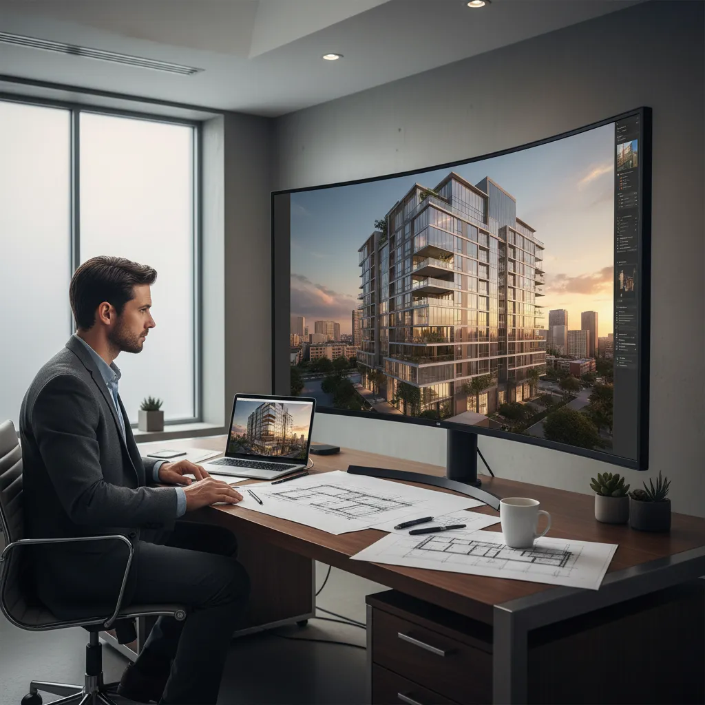 architect reviewing 3D render revisions on large monitor