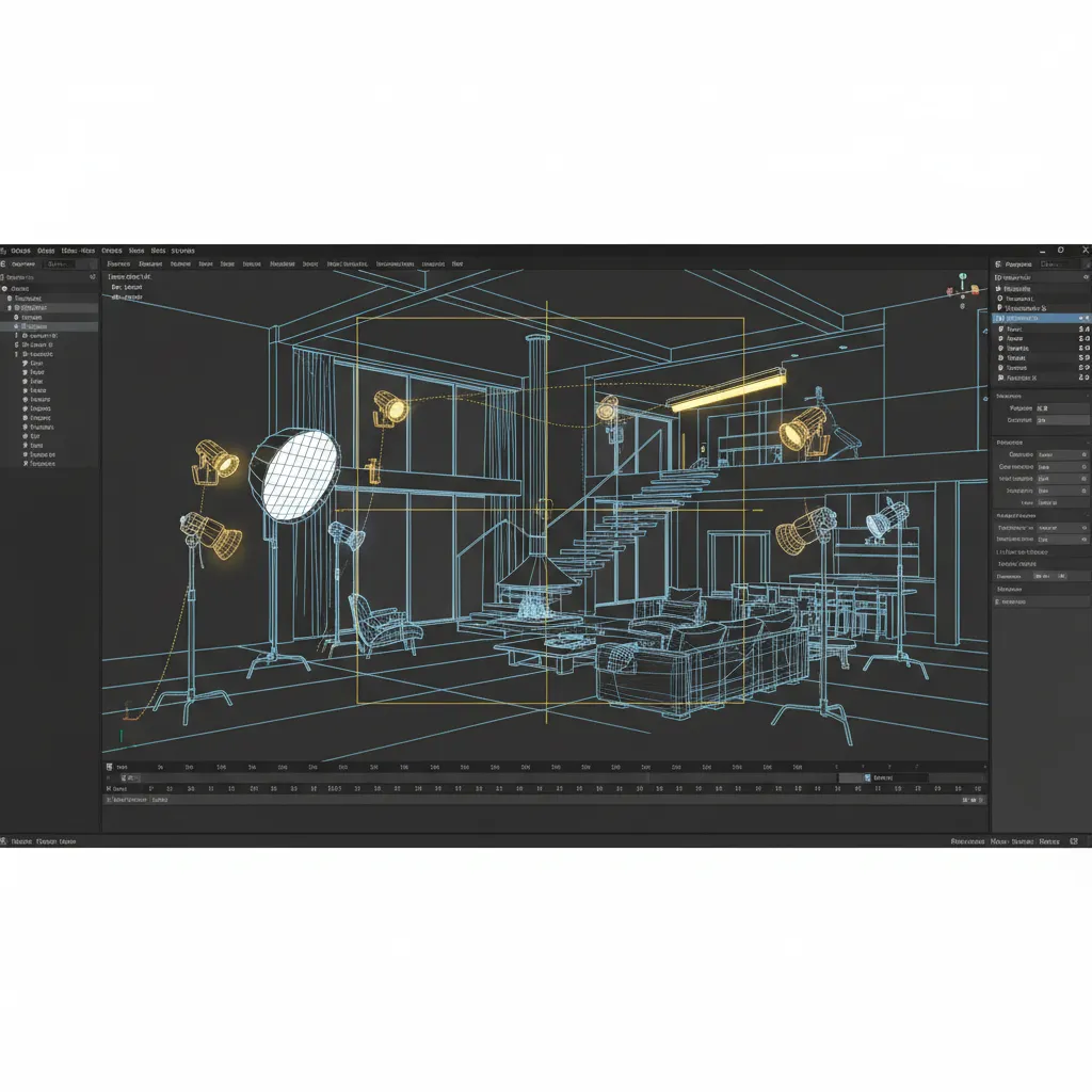 3D modeling scene setup showing wireframe and lighting layout