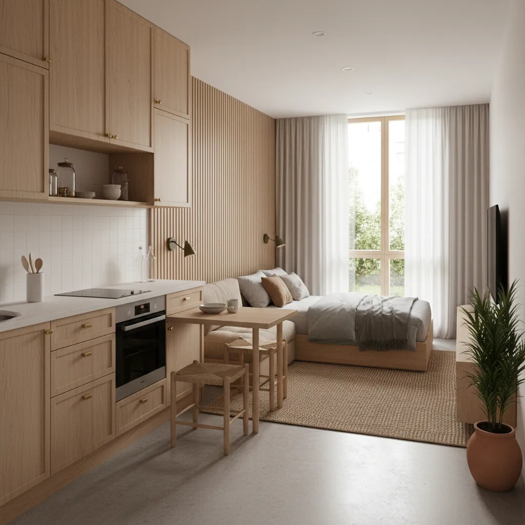 Render 3D realista de un apartamento pequeño bien distribuido