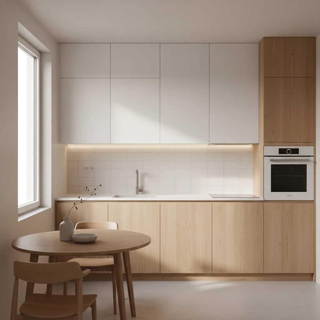 Render 3D de cocina pequeña minimalista moderna