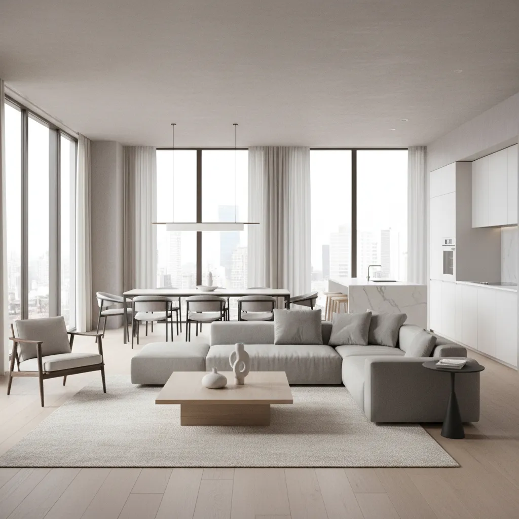 3D rendered open living space showing furniture layout planning
