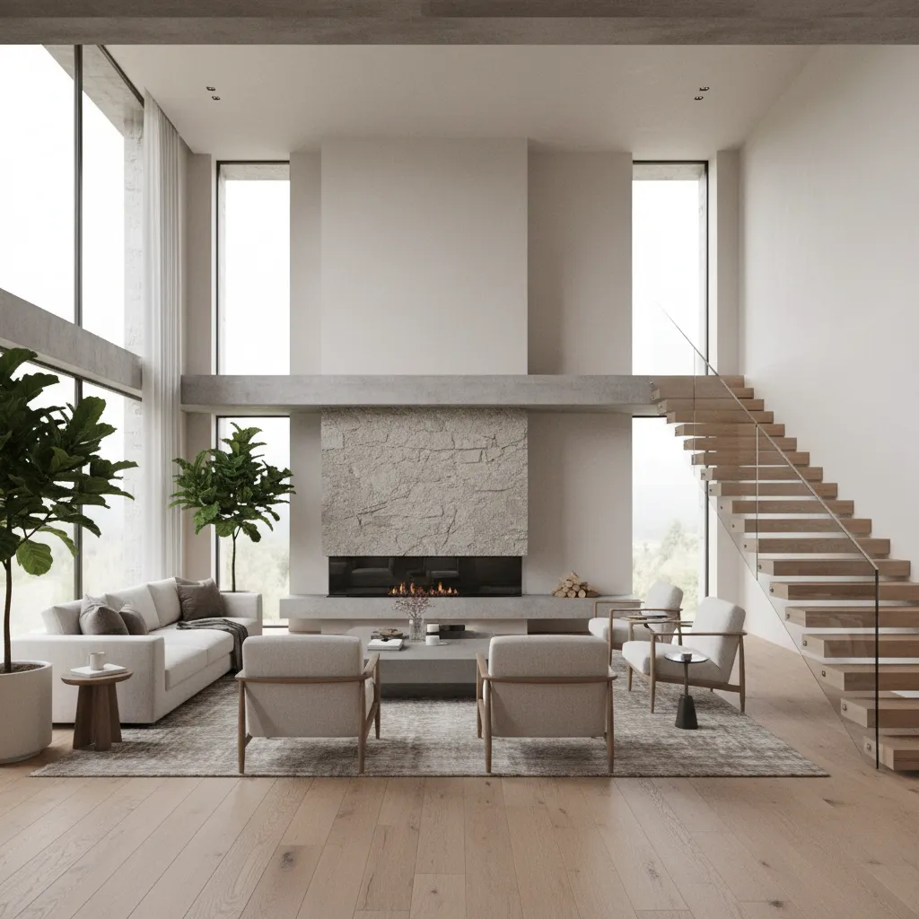 realistic 3d render of modern two story home interior living space