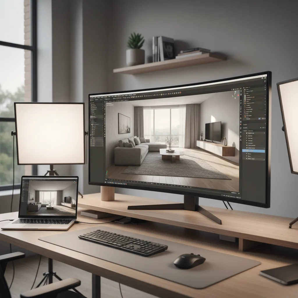 computer screen showing interior design 3D render of a living room
