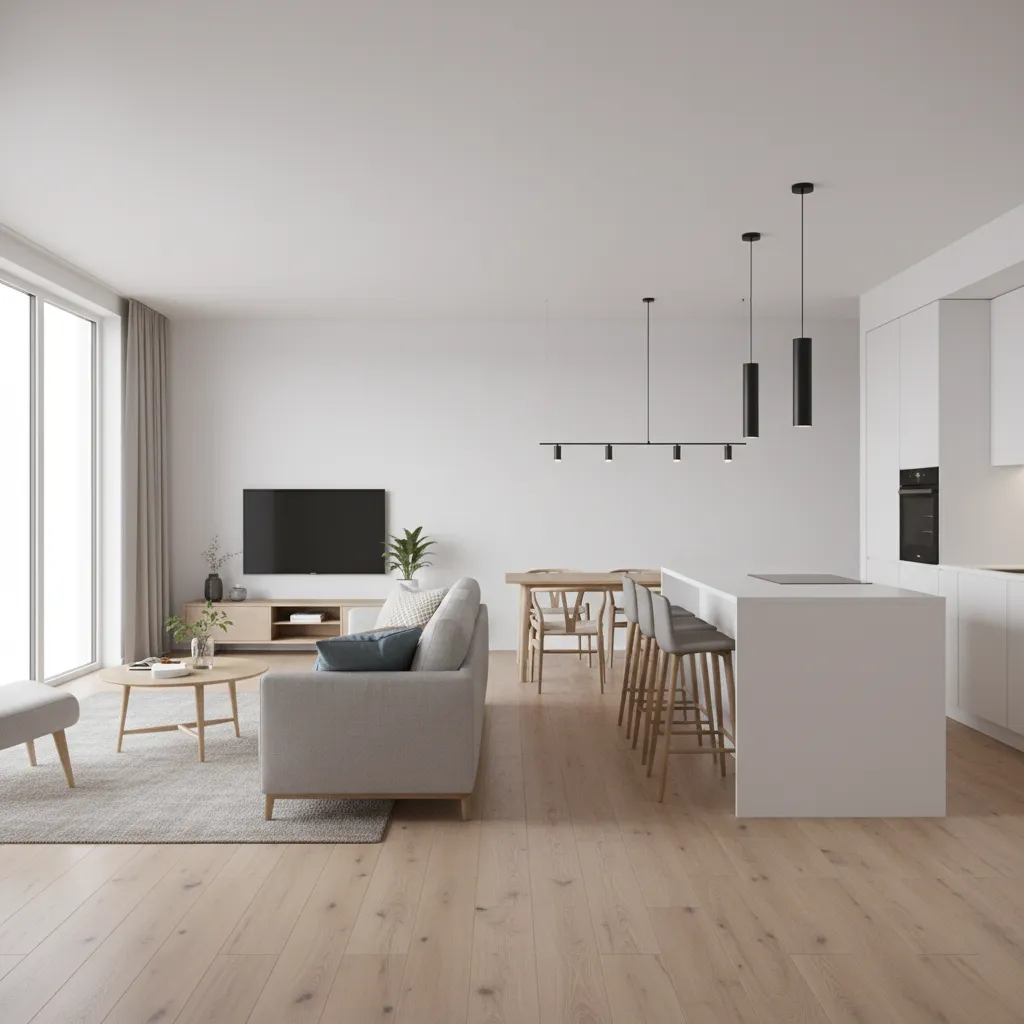 3D rendered apartment interior layout showing living room and kitchen flow