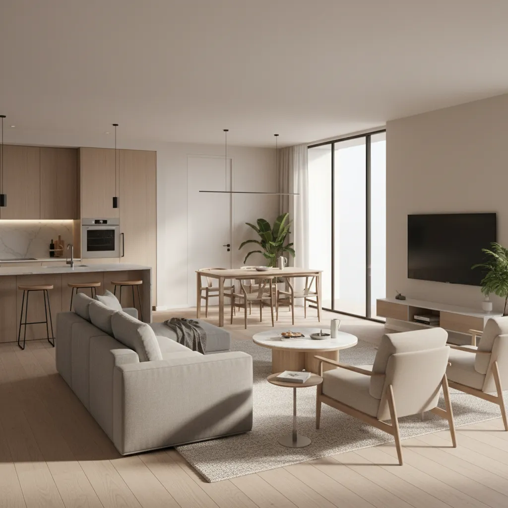 3D rendered apartment interior showing spatial layout furniture placement and lighting