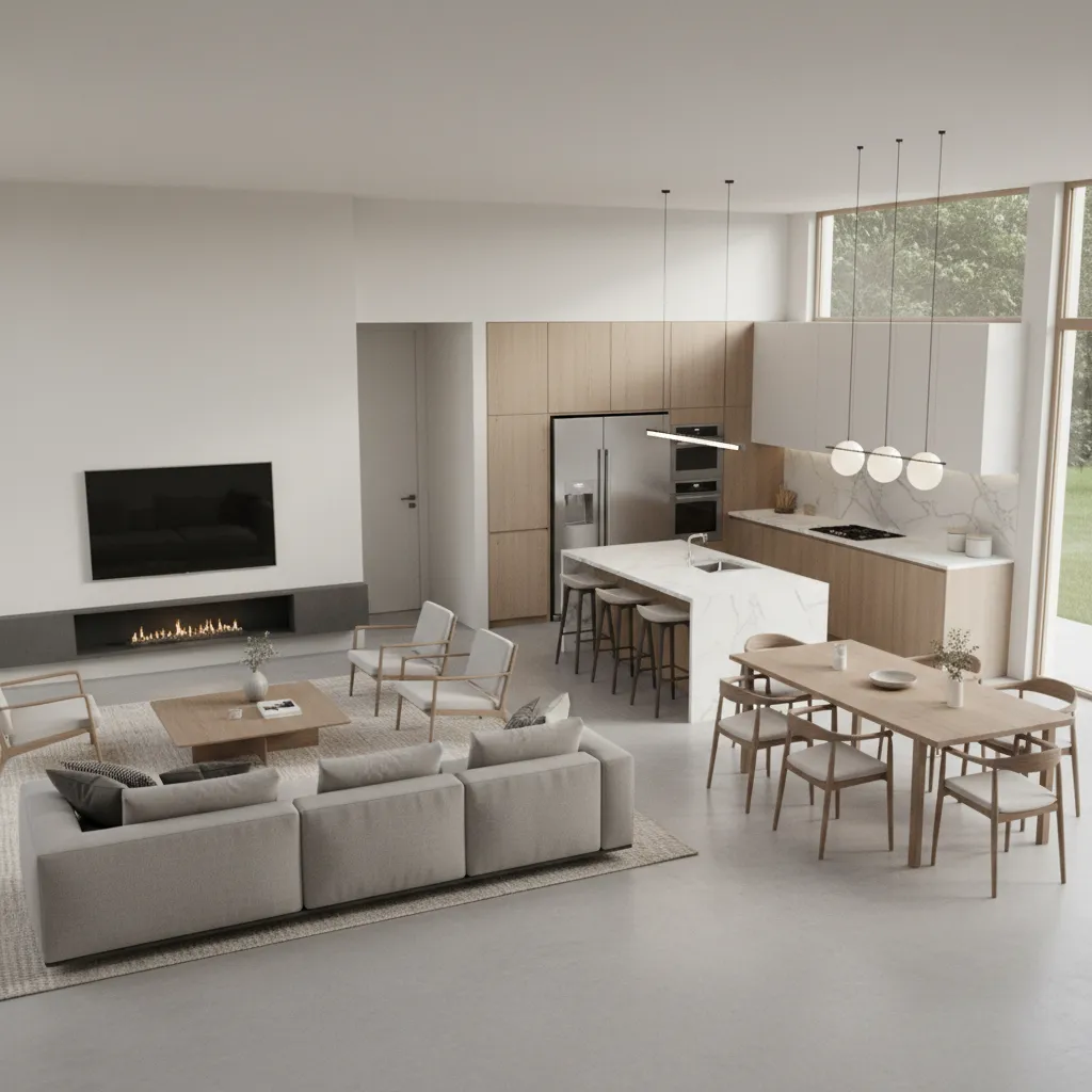 3D rendered open concept home layout showing furniture arrangement and spatial planning