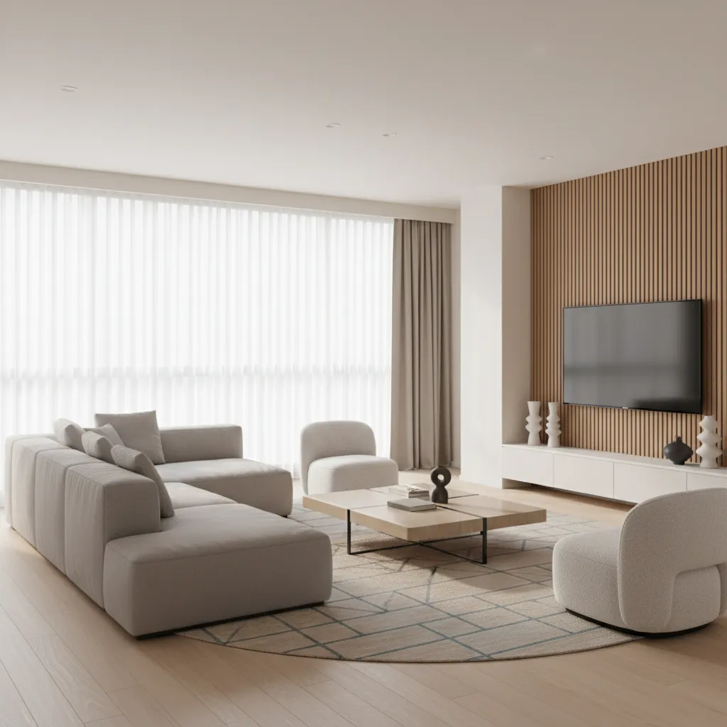 3D rendered living room layout visualization showing furniture arrangement