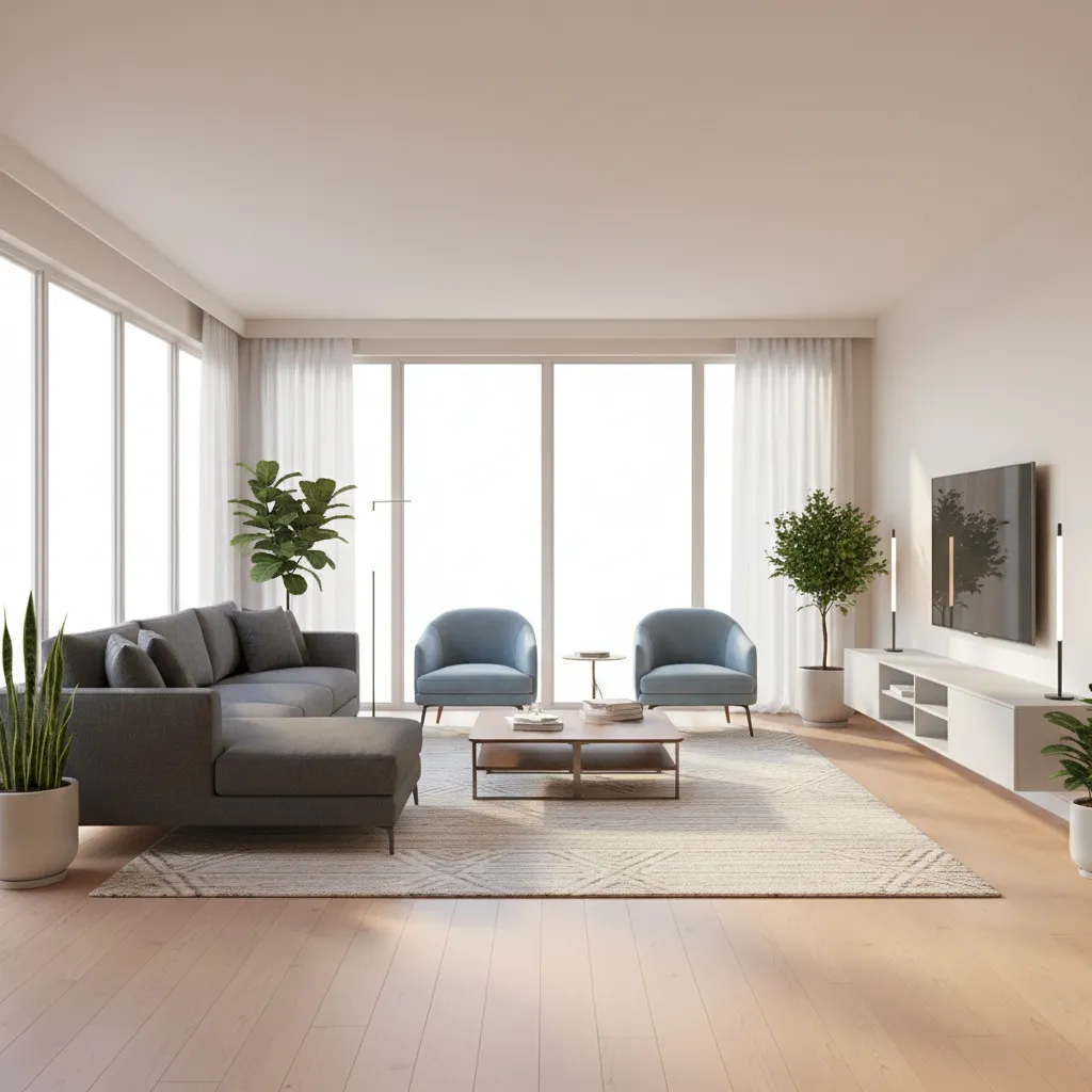 3D rendered living room layout showing sofa placement and circulation space