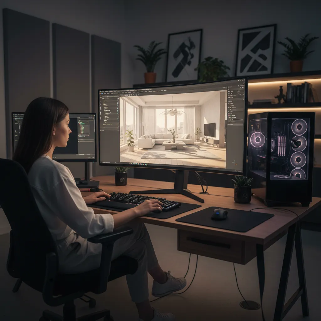 3D rendering artist creating interior visualization on computer
