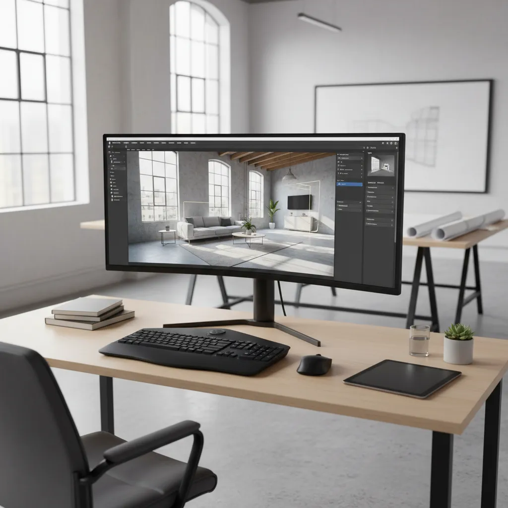 Designer creating a simple 3D interior render on a computer