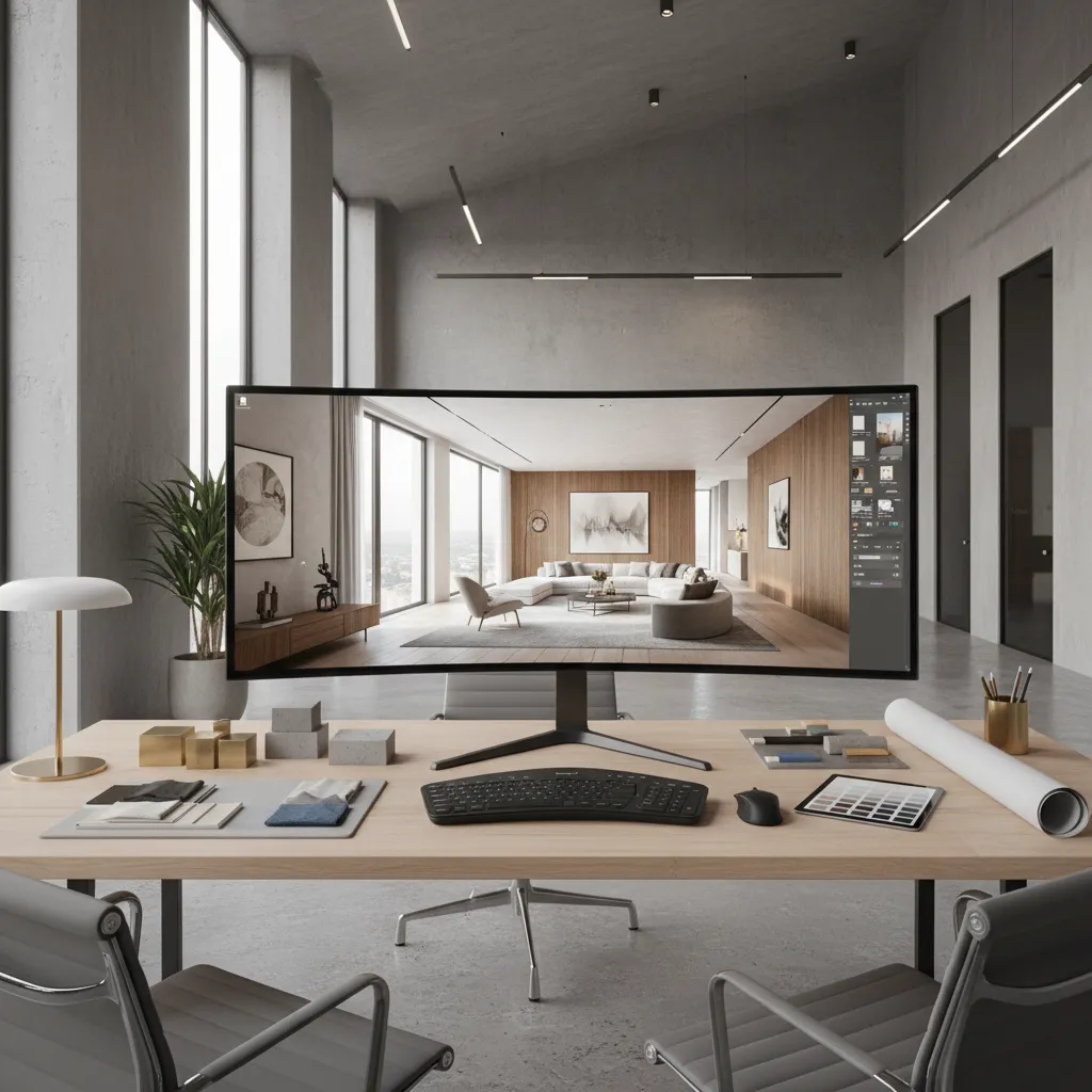 Interior designer reviewing a realistic 3D rendered apartment scene on a large monitor