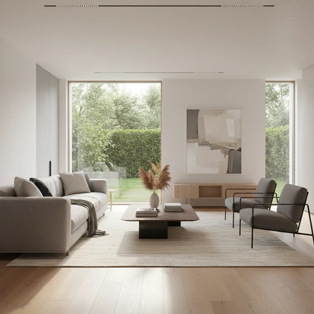 Modern living room with grey sofa and chairs facing large windows overlooking a green garden