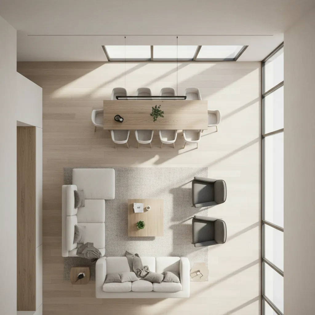 3D rendered interior layout showing furniture placement and spatial planning