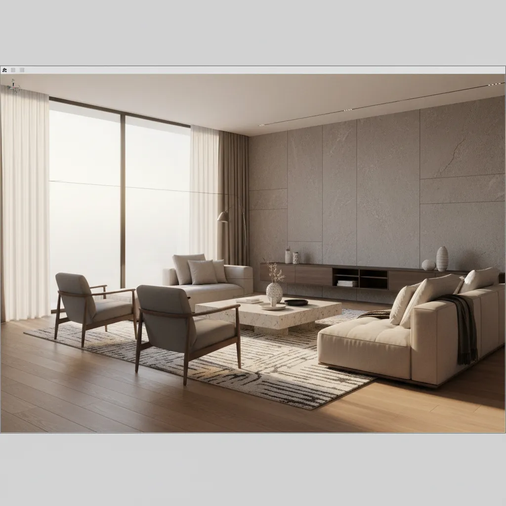 3D rendering lighting setup for interior visualization with realistic materials