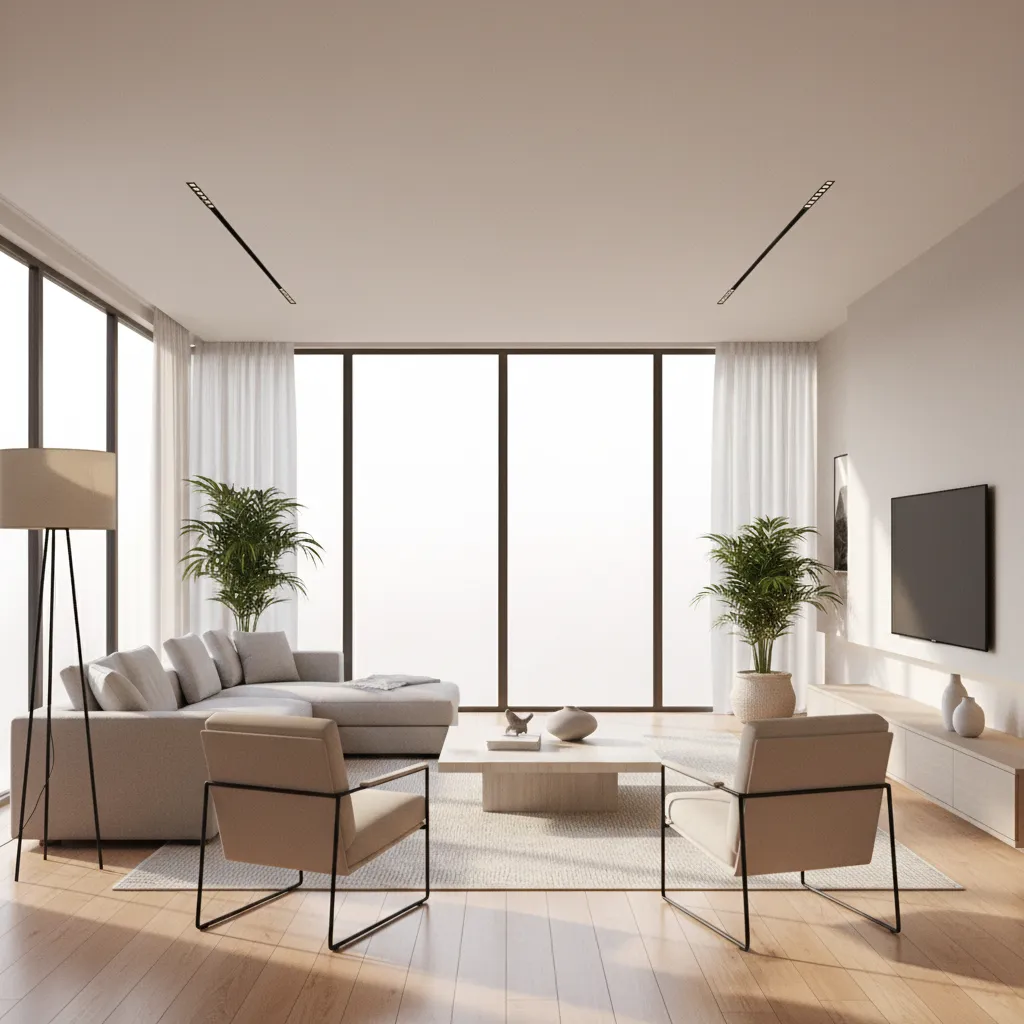 Interior 3D render showing natural lighting from windows with soft shadows and realistic materials