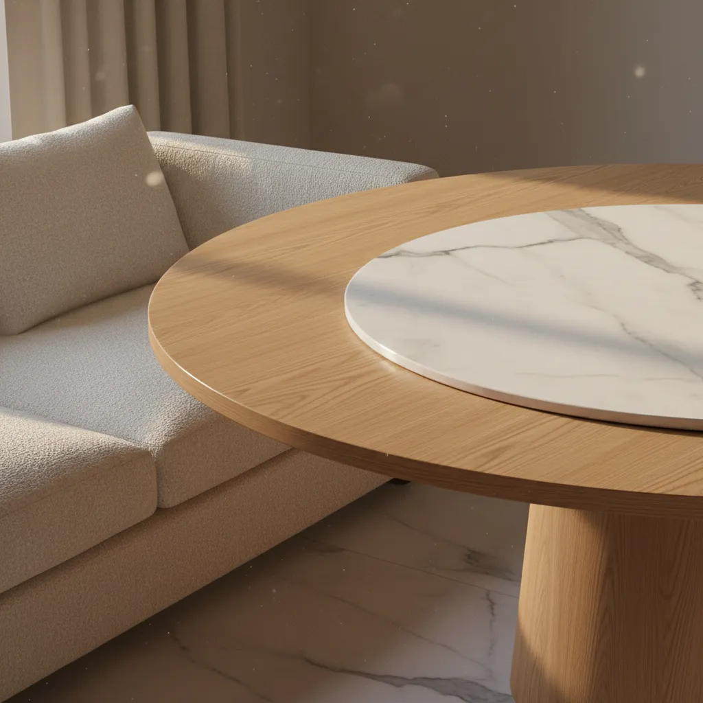 Close view of realistic wood, fabric, and marble materials in a 3D interior render