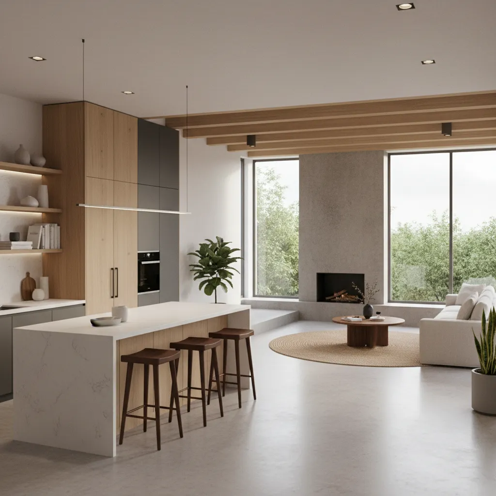 3D rendering showing open plan kitchen and living room layout design visualization