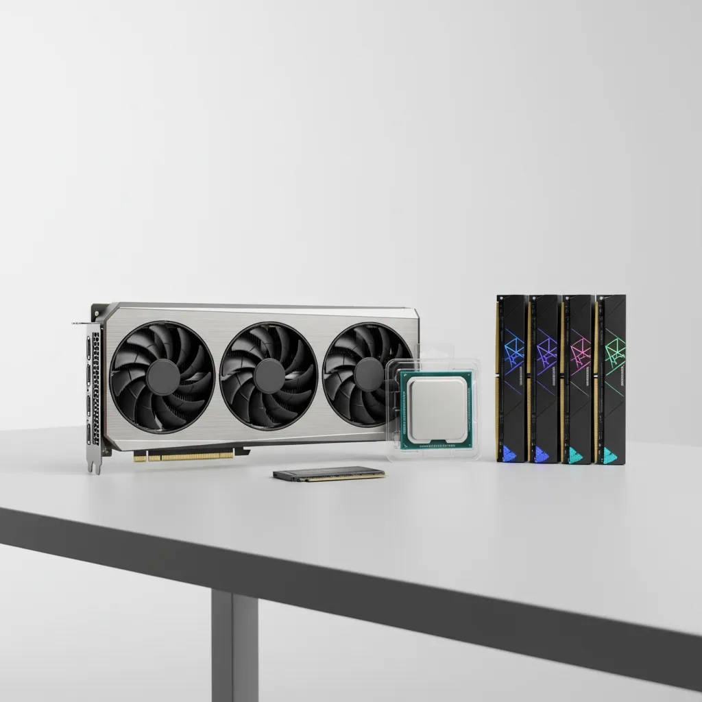 Key components of a PC for 3D rendering including GPU CPU RAM and NVMe SSD