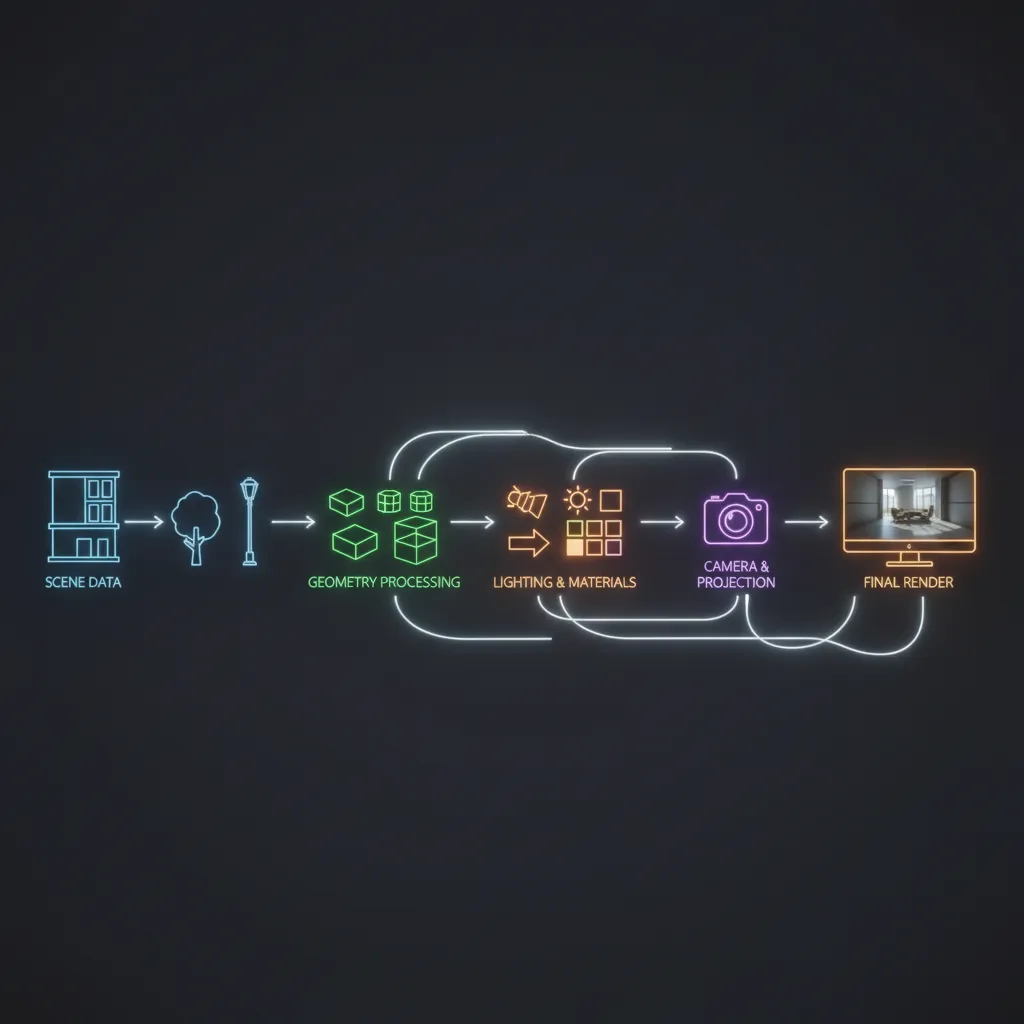 3D rendering software pipeline visualization showing scene objects lighting and camera
