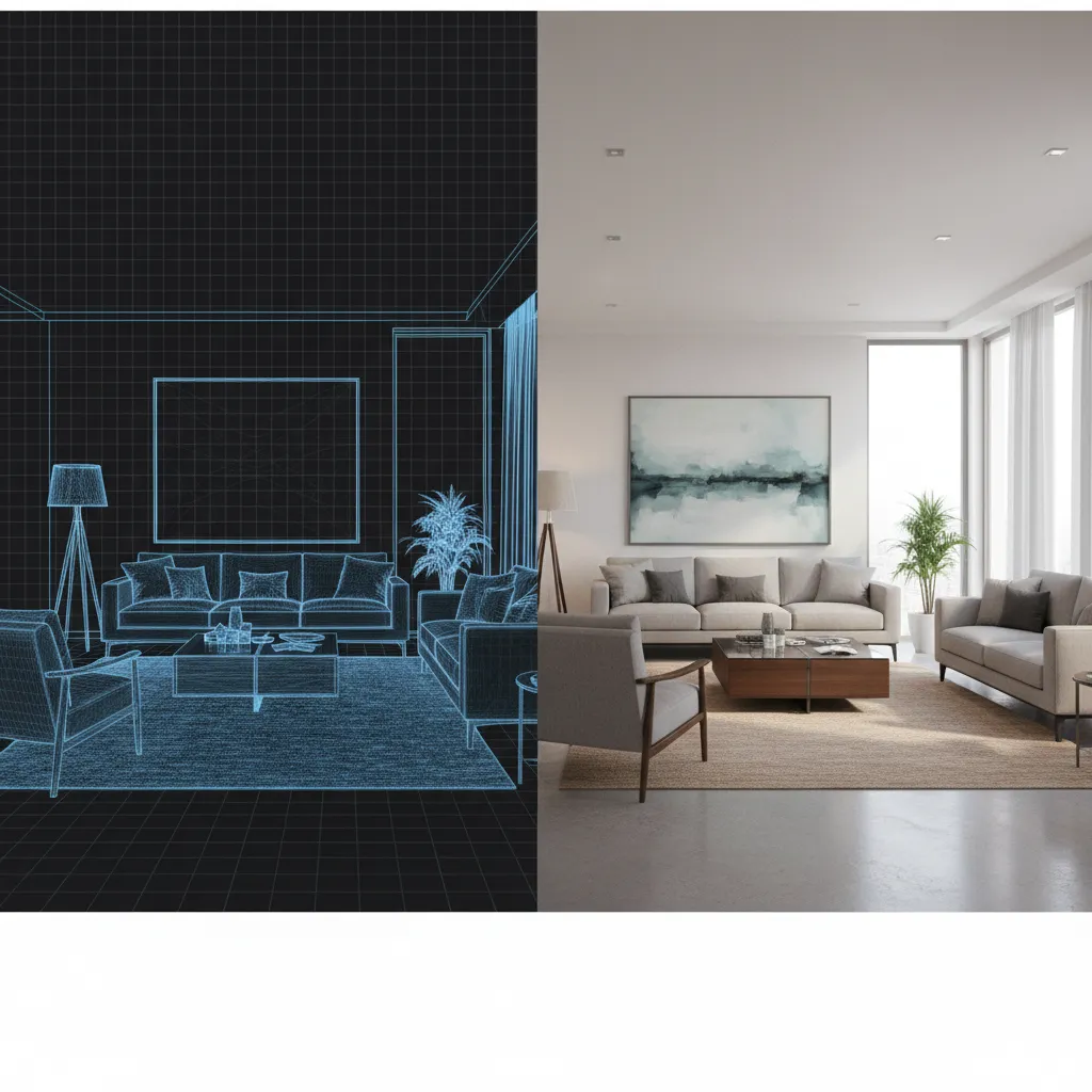 wireframe and textured interior 3D model showing rendering process