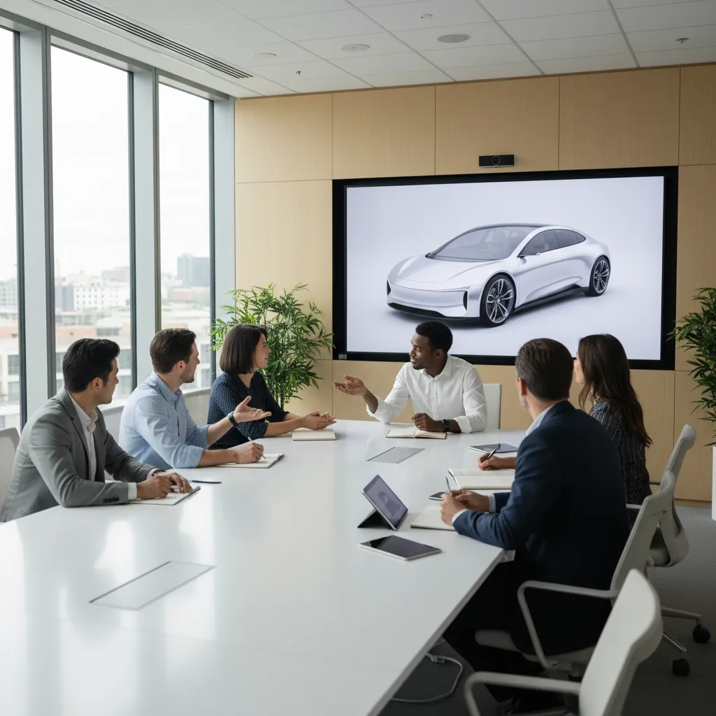 Design team reviewing photorealistic product renders during a concept meeting
