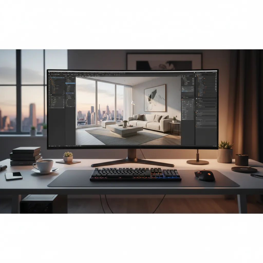 3D rendering scene displayed in blender software on computer monitor