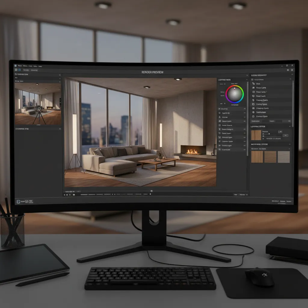 3D rendering software interface showing interior scene setup