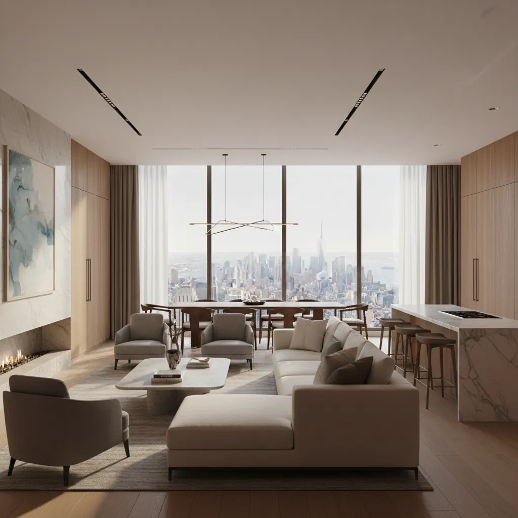 Modern open living room with grey sofa marble fireplace large windows showing a city skyline