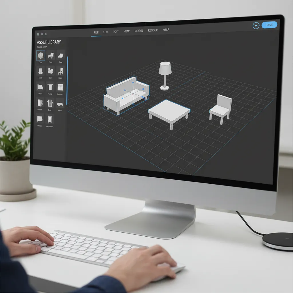 Close view of simple 3D modeling interface showing layout tools and scene setup