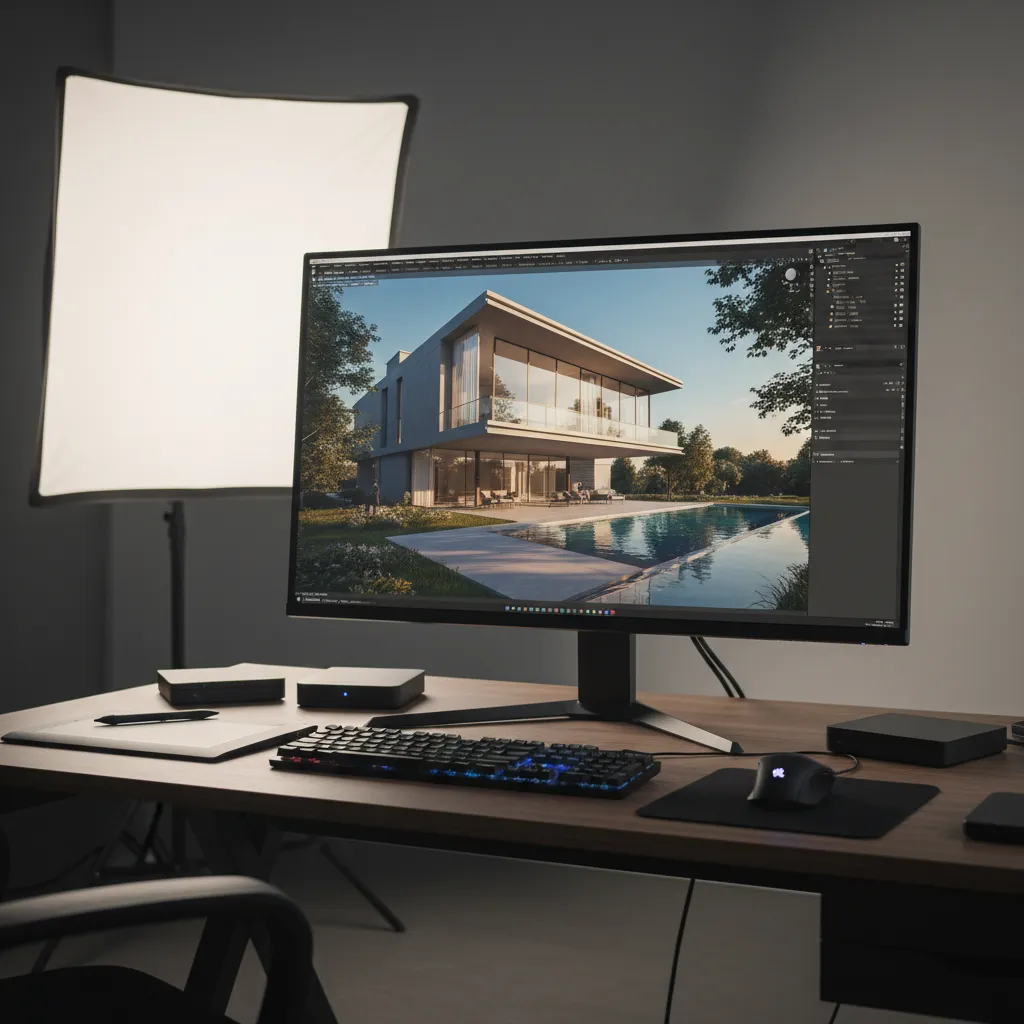 Computer monitor displaying 3D rendering scene in modeling software