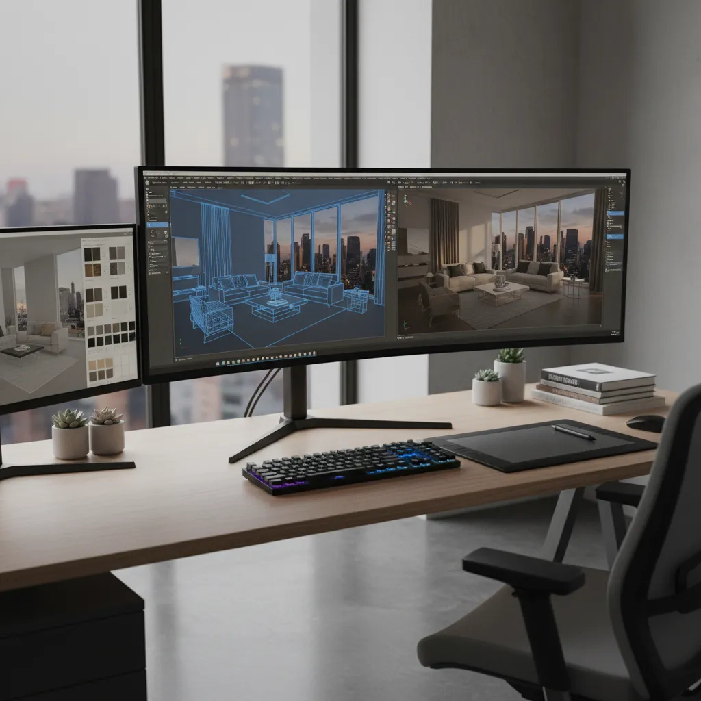 architectural visualization workflow showing modeling lighting and rendering process
