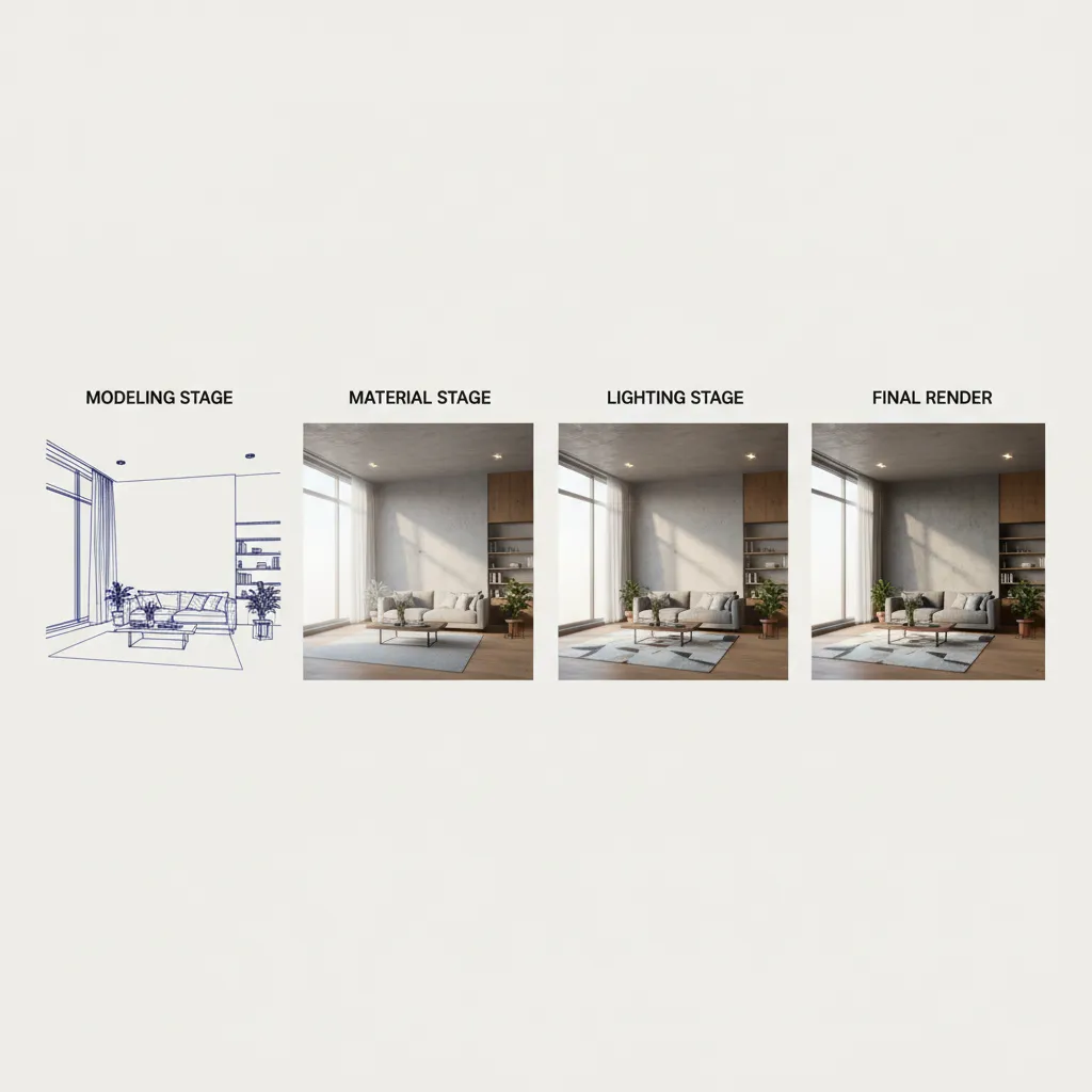 Diagram style scene showing modeling lighting and rendering workflow