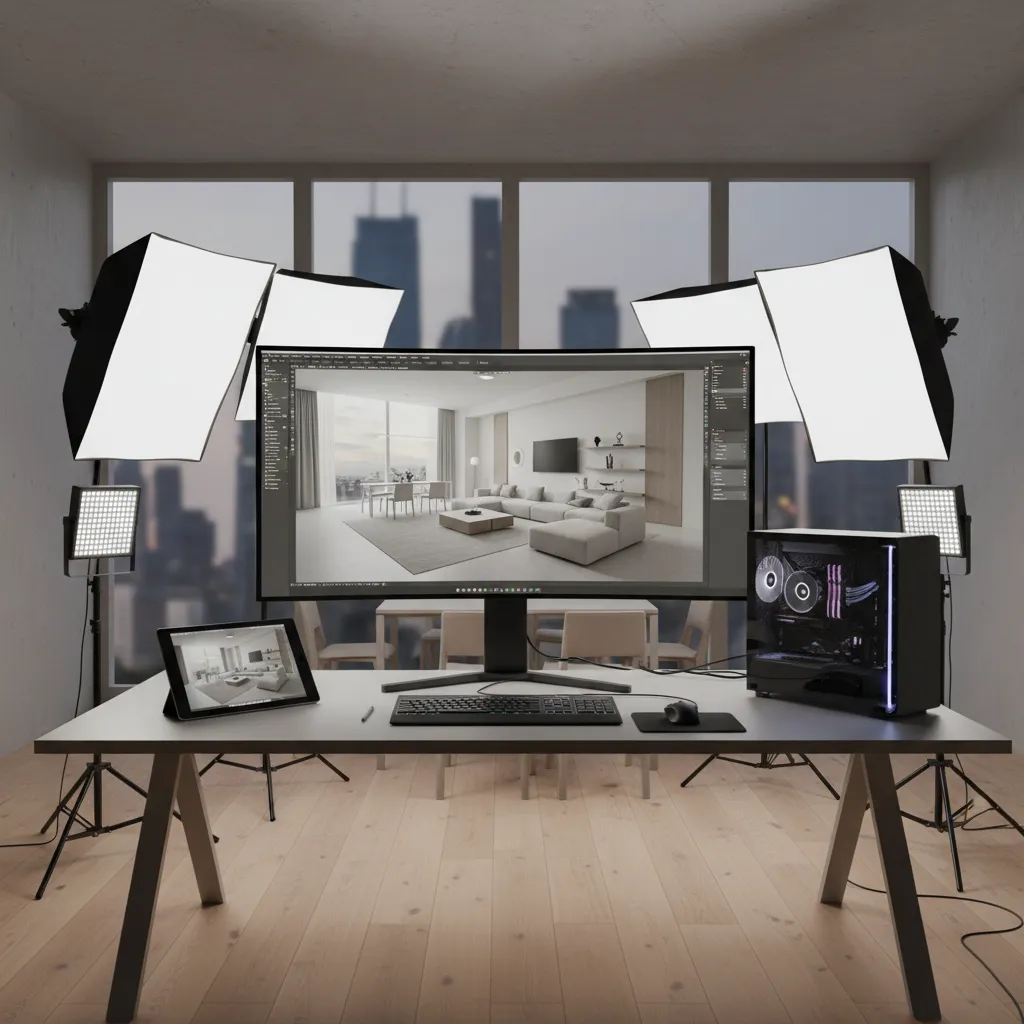 3D interior scene showing modeling and lighting setup in architectural visualization