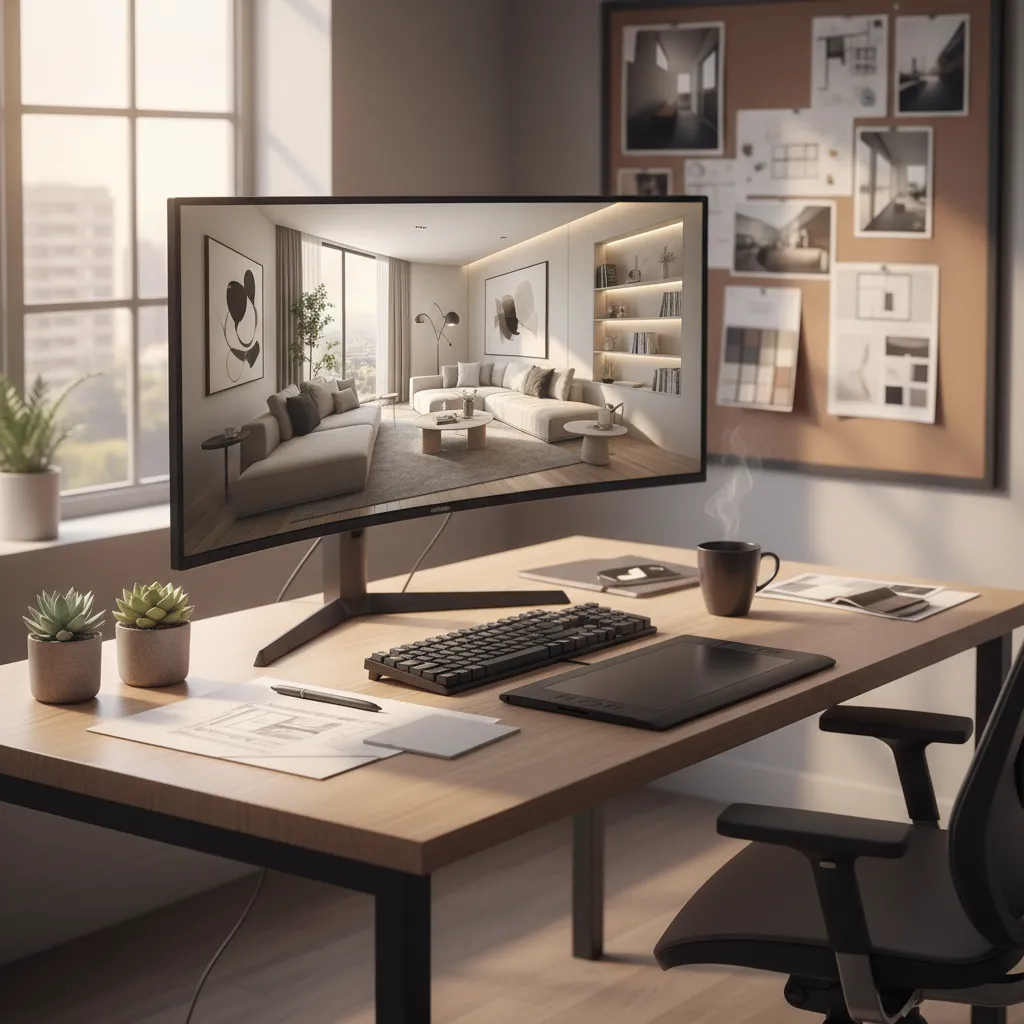 designer viewing interior 3D render on computer screen