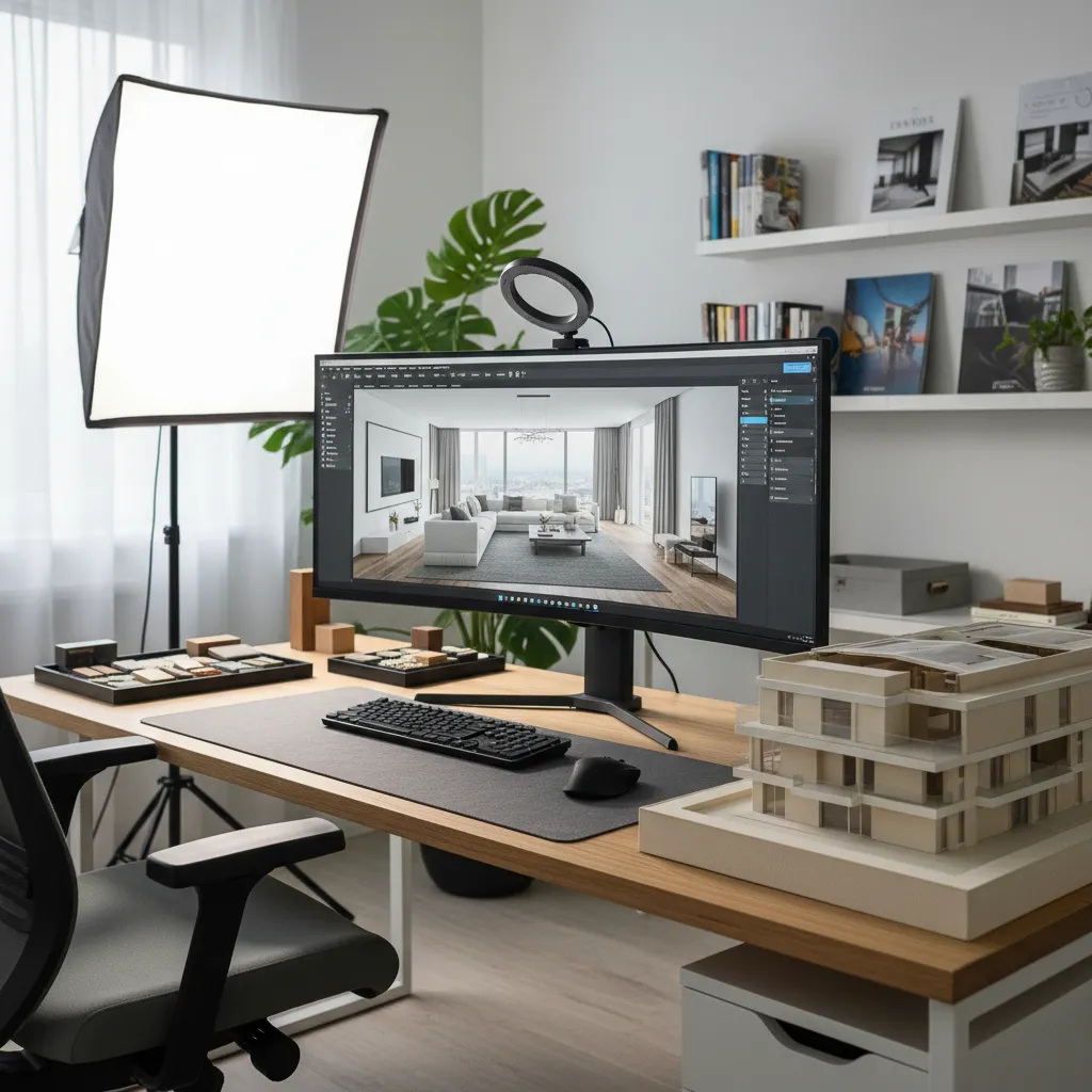 Designer working on 3D rendering software showing interior model on computer screen