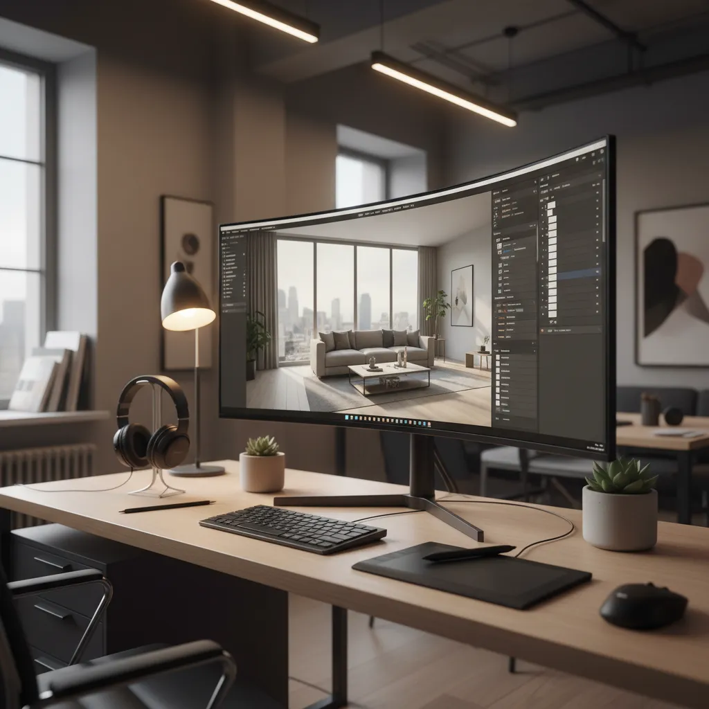 Modern workspace with curved monitor showing interior design software on wooden desk with professional equipment
