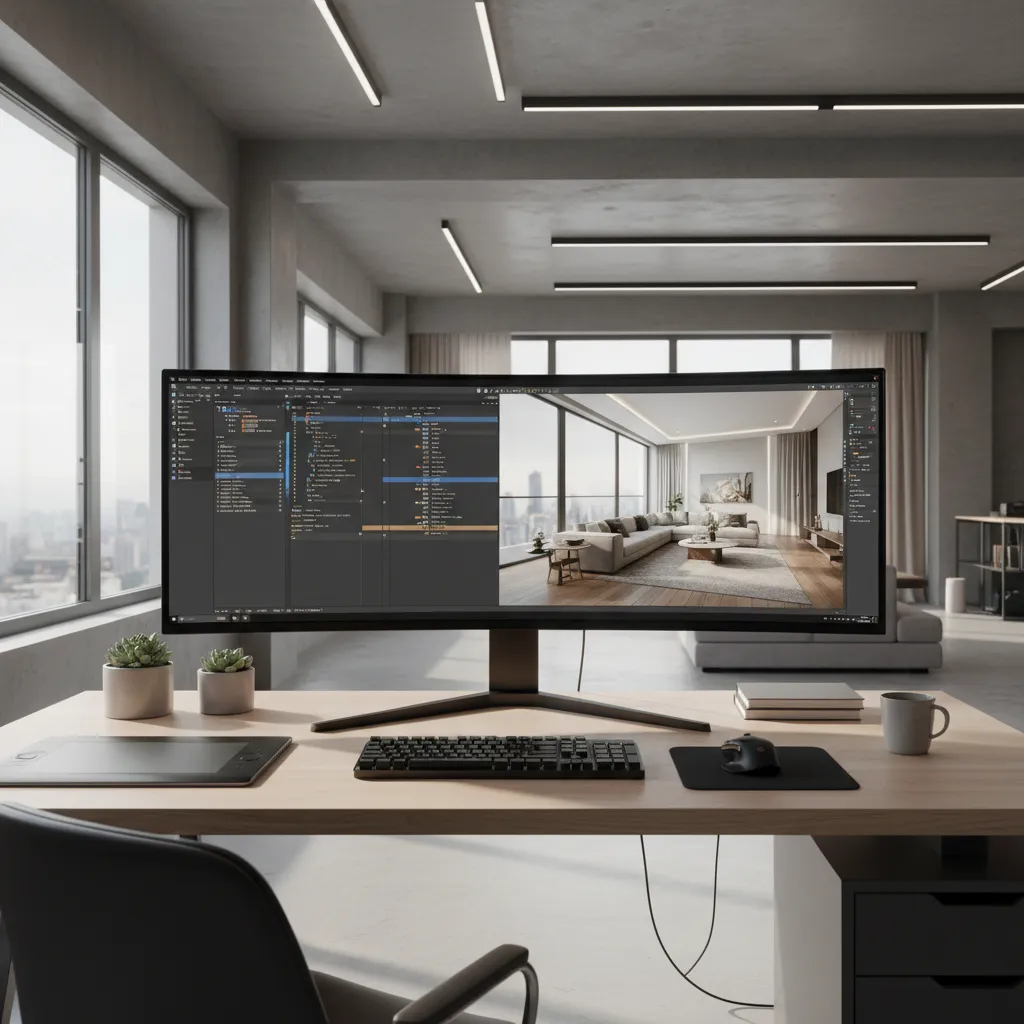 3D artist workstation with large monitor showing architectural rendering software