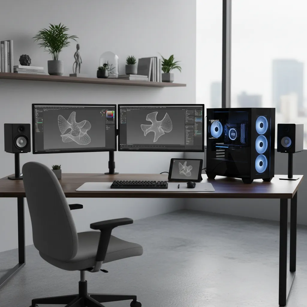 Professional 3D rendering workstation setup with dual monitors and powerful PC