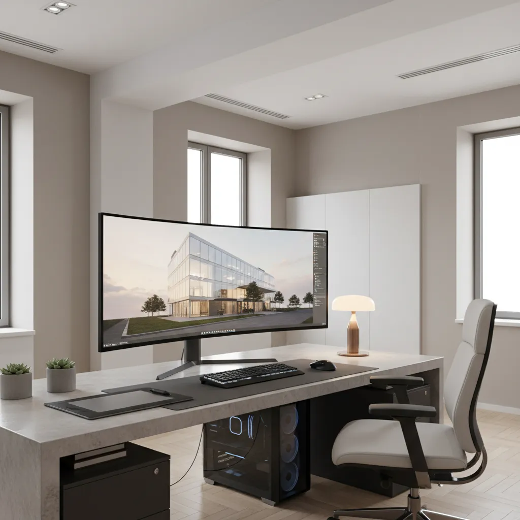 3D artist workstation running 3ds Max rendering scene on large monitor